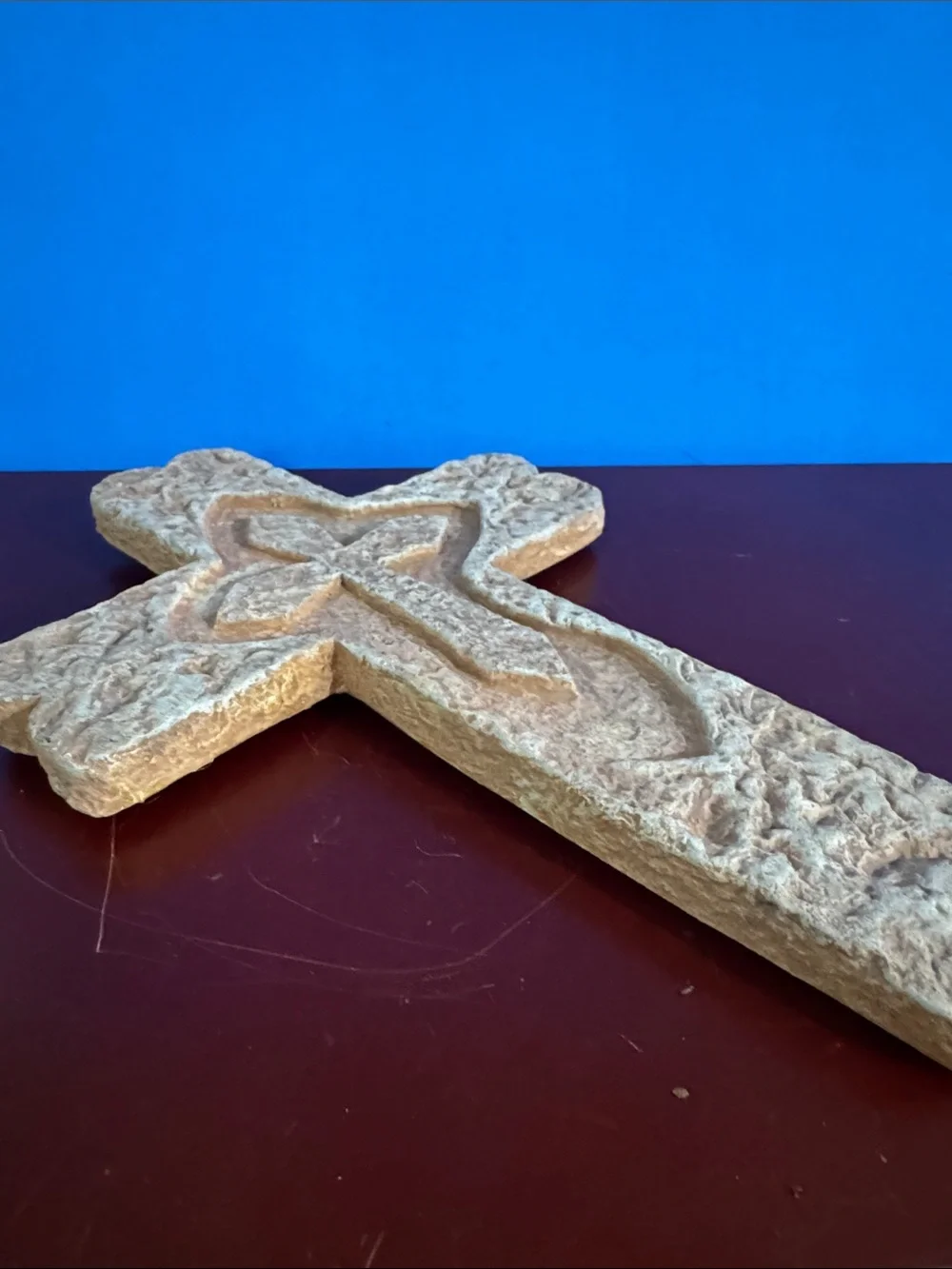 Carved Stone style Wall Cross - Warm Terracotta Finish
